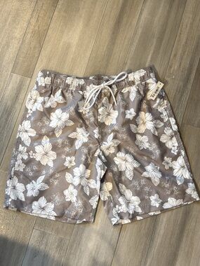 Amazon Essentials Taupe Floral Swim Board Shorts with White Hibiscus Print